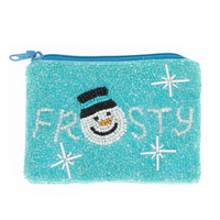SNOWFLAKES FROSTY THE SNOW MAN SEED BEAD HANDMADE BEADED COIN PURSE WALLET