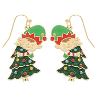 CHRISTMAS TREE WITH ELF ENAMEL EARRINGS