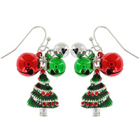 CHRISTMAS TREE-JINGLE BELLS ENAMEL CHRISTMAS THEMED DANGLE AND DROP HOOK EARRINGS