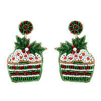 2-TIER MISTLETOE CHRISTMAS CUPCAKE SEED BEAD HANDMADE CRYSTAL RHINESTONE JEWELED EMBROIDERY DANGLE AND DROP NOVELTY EARRINGS