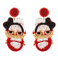 HEART POST MRS. SANTA CHRISTMAS SEED BEAD HANDMADE BEADED EMBROIDERY DANGLE AND DROP NOVELTY EARRINGS