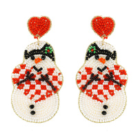 HEART POST SNOWMAN HOLDING CHECKERED HEART CHRISTMAS SEED BEAD HANDMADE BEADED EMBROIDERY DANGLE AND DROP NOVELTY EARRINGS