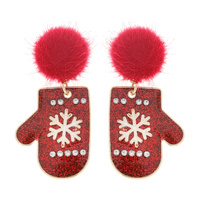 POM POM CRYSTAL RHINESTONE GLITTER ENAMEL COATED SNOWFLAKE MITTEN DROP EARRINGS