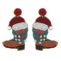 2-TIER SANTA HAT CHRISTMAS COWBOY BOOTS PEARL ACCENT HANDMADE BEADED EMBROIDERY DANGLE AND DROP EARRINGS