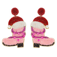2-TIER SANTA HAT CHRISTMAS COWBOY BOOTS PEARL ACCENT HANDMADE BEADED EMBROIDERY DANGLE AND DROP EARRINGS