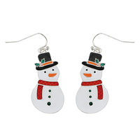 SNOWMAN -CHRISTMAS ENAMEL COATED DANGLE AND DROP FISH HOOK EARRINGS IN SILVER TONE METAL