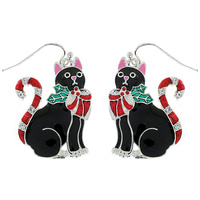 CANDY CANE CAT  -CHRISTMAS CRYSTAL RHINESTONE ENAMEL COATED DANGLE AND DROP FISH HOOK EARRINGS IN SILVER TONE METAL