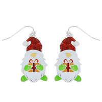 GNOME - CHRISTMAS CRYSTAL RHINESTONE ENAMEL COATED DANGLE AND DROP FISH HOOK EARRINGS IN SILVER TONE METAL