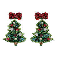 2-TIER JEWELED CHRISTMAS TREE HANDMADE BEADED EMBROIDERY DANGLE AND DROP EARRINGS
