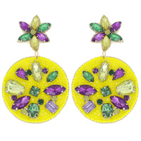 2-TIER JEWELED MARQUIS FLORAL POST BEADED EMBROIDERY CIRCULAR DANGLE AND DROP MARDI GRAS EARRINGS
