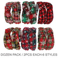 HOLIDAY CHRISTMAS KNOTTED HEADBAND DOZEN PACK / 6 STYLES 2 PCS EACH