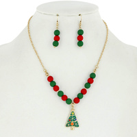 CHRISTMAS TREE CHARM RUBBER BALL NECKLACE AND EARRINGS SET