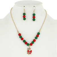 CHRISTMAS CANDY CANE CHARM RUBBER BALL NECKLACE AND EARRINGS SET