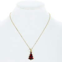 PLAID PRINT / LEOPARD PRINT - SYNTHETIC PEARL AND PRINTED RESIN CHRISTMAS TREE CHARM CHAIN NECKLACE