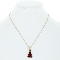 PLAID PRINT / LEOPARD PRINT - SYNTHETIC PEARL AND PRINTED RESIN CHRISTMAS TREE CHARM CHAIN NECKLACE