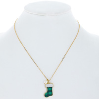 PLAID PRINT / LEOPARD PRINT - SYNTHETIC PEARL AND PRINTED RESIN CHRISTMAS STOCKING CHARM CHAIN NECKLACE