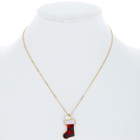 PLAID PRINT / LEOPARD PRINT - SYNTHETIC PEARL AND PRINTED RESIN CHRISTMAS STOCKING CHARM CHAIN NECKLACE