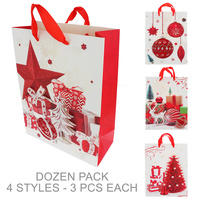 12 PACK- 4 STYLES- 3PCS EACH-ASSORTED VINTAGE CHRISTMAS PRESENTS & ORNAMENTS XMAS STILL LIFE GLITTER ASCENT PAPER GIFT BAGS