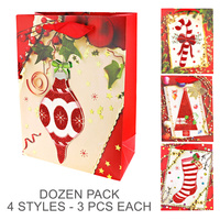 XMAS ORNAMENT/CANDY CANE/ TREE/ XMAS BOOT -12 PACK- 4 STYLES- 3PCS EACH-ASSORTED VINTAGE CHRISTMAS PAPER GIFT BAGS