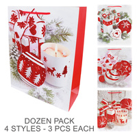 12 PACK- 4 STYLES- 3PCS EACH-ASSORTED VINTAGE CHRISTMAS CANDLE & ORNAMENTS XMAS STILL LIFE PAPER GIFT BAGS