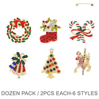 12 PACK - 6 STYLES 2PCS EACH - WREATH/STOCKING/ CANDY CANE/ BELL/ TREE/ SANTA - CHRISTMAS THEMED ENAMEL BROOCH PINS